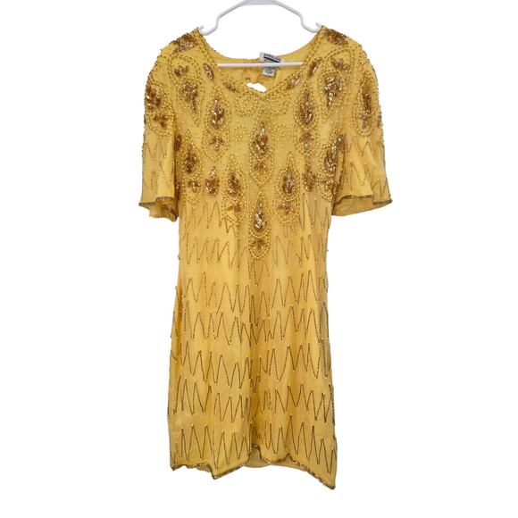 VTG MARK & JOHN BY GOPAL SILK BEADED FLAPPER CREW NECK SHORT SLEEVE MIDI DRESS - Picture 1 of 9